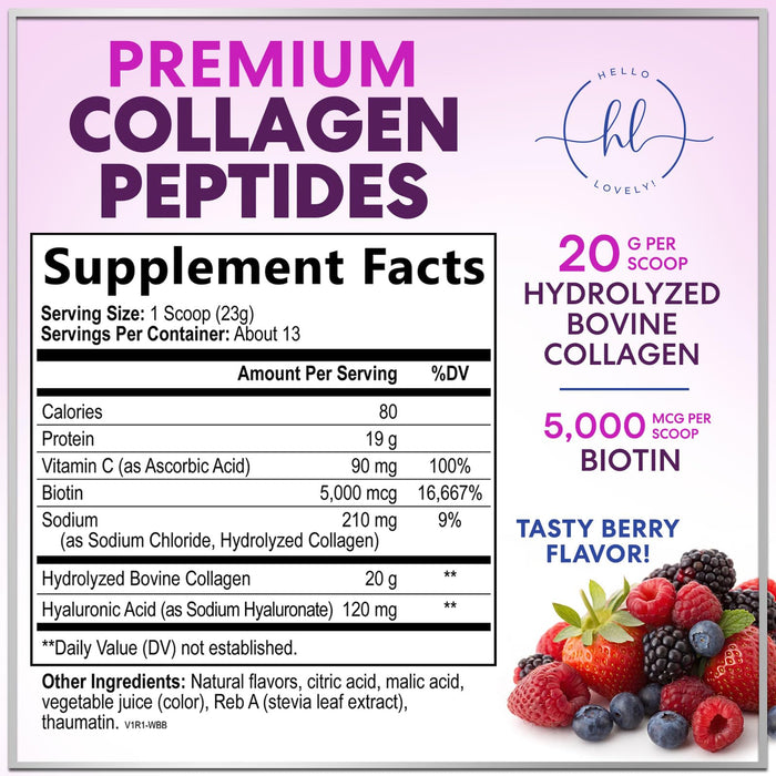 Collagen Peptides Powder 20g - Hydrolyzed Type 1 & 3 Berry Flavor Collagen Powder - Biotin, Hyaluronic Acid, Vitamin C - Hair, Skin, & Nails Support Supplement for Women & Men - Bottled in USA, 10.5oz