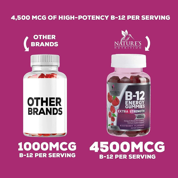 B-12 Vitamin Energy Gummies - 4500mcg Extra Strength B12 Gummy Chewables for Energy Metabolism & Immune Support - Dietary Supplement for Women, Men, & Kids - Non-GMO, Vegan, Berry Flavor - 120 Count