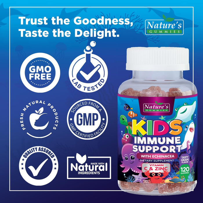 Kids Immune Support Supplement Gummies - Daily Childrens Vitamins C, Zinc & Echinacea - Gummy for Kids Immunity Support, Ages 4 and Up, Natural Berry Flavor, Non-GMO, Gluten-Free & Vegan - 120 Gummies