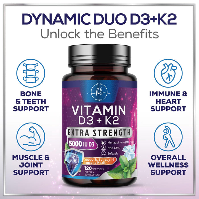 Vitamin D3 K2 - Vitamin D3 (5000 iu) & 100 mcg Vitamin K2 (MK-7) Complex for Immune Support & Bone, Teeth & Muscle Health - Easy to Swallow, Gluten Free, Non-GMO, Bottled in USA - 240 Softgels