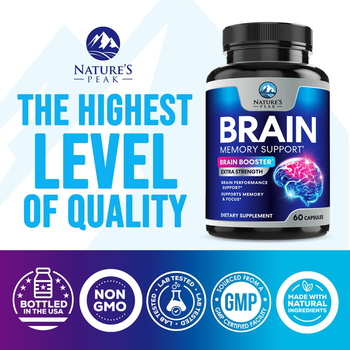 Brain Memory Supplement Pills - Nootropics Support for Concentration, Clarity, Alertness & Focus - Brain Health with Bacopa, Cognitive Vitamins, Phosphatidylserine, DMAE - Brain Booster - 60 Capsules