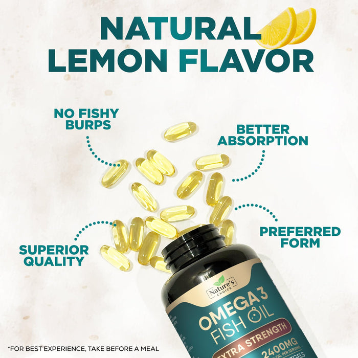 Omega 3 Fish Oil Supplement 2400 mg - Triple Strength EPA & DHA Fish Oil Omega 3, Essential Fatty Acids Supplement Softgels, Brain & Heart Health Support Supplements, Gluten Free Non-GMO, 60 Softgels