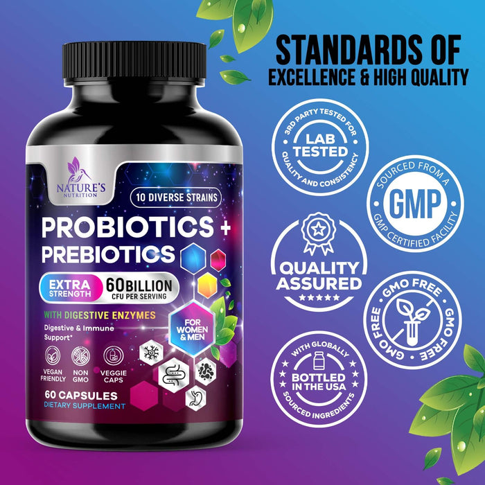 Probiotics for Women & Men 60 Billion CFU - 10 Strains with Lactobacillus, Digestive Gut Health Probiotics & Immune Support Supplement, Supports Occasional Constipation, Gas & Bloating - 60 Capsules