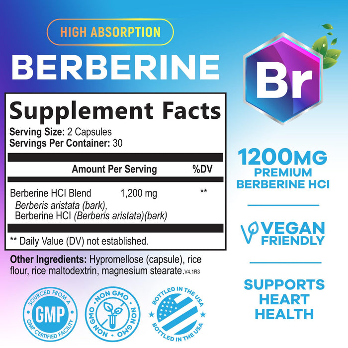 Berberine HCL 1200mg Supplement - Berberine HCI Capsules High Absorption Supplement for Heart Health & Immune Support, High Strength, Gluten-Free, Vegan, Non-GMO Pills - 60 Veggie Capsules