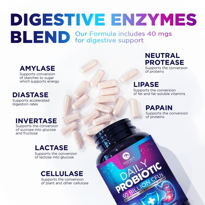 Probiotics 60 Billion CFU - 10 Strains + Digestive Enzymes & Prebiotics - Best Probiotic for Women & Men, Supports Immune, Gut Health, Occasional Constipation, Diarrhea, Gas & Bloating - 120 Capsules