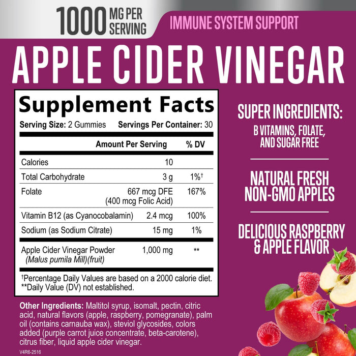 Apple Cider Vinegar Gummies Sugar Free 1000mg for Cleanse, ACV Gummy Vitamin B12 for Digestion Energy & Immune Health Support, Supports Metabolism, Keto Friendly, Apple Raspberry Flavor - 60 Gummies