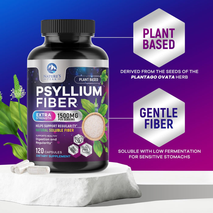 Psyllium Husk Fiber Supplement 1500mg - Vegan Prebiotic, Soluble Fiber for Daily Digestive Health & Regularity Support, Natural Psyllium Powder Caps, Sugar-Free, Non-GMO & Gluten-Free - 120 Capsules