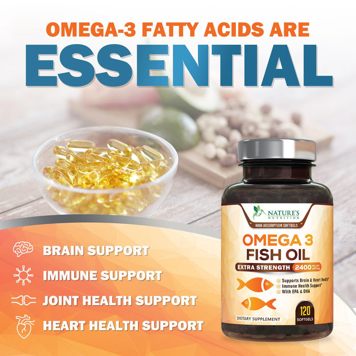 Omega 3 Fish Oil 2400 mg – Triple Strength EPA & DHA Fatty Acids for Heart, Brain & Joint Support – Wild-Caught, Burpless, Lemon Flavor Supplement – Natural, Non-GMO, Gluten-Free – 120 Softgels
