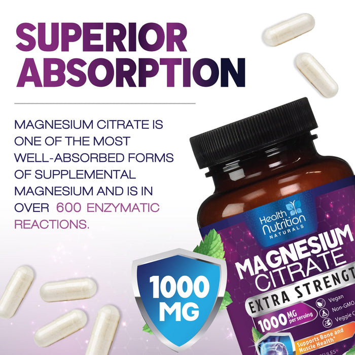 Magnesium Citrate Capsules 1000mg - Max Absorption Magnesium Powder for Muscle, Nerve, Bone and Heart Health Support, High Absorption Citrate Complex, Gluten Free, Non-GMO - 60 Capsules