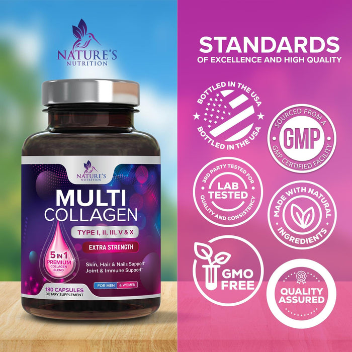 Multi Collagen Peptides Supplement - Hydrolyzed Types I, II, III, V & X Multi Collagen Pills, Hydrolyzed Collagen Peptides Supplements, Hair, Skin, Nail, and Joint Support Supplement, 180 Capsules