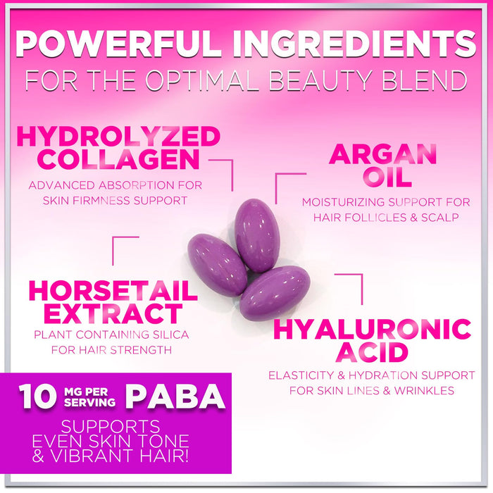 Hair, Skin & Nails Vitamins for Women - Biotin 5000mcg to Support Hair Growth with Argan Oil, Collagen & Hyaluronic Acid, Beautiful, Stronger Skin, Hair & Nails Vitamin Supplement - 120 Softgels