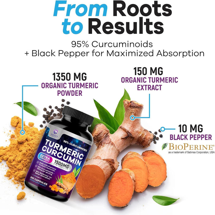 Turmeric Curcumin Supplement with BioPerine 95% Curcuminoids 1500mg with Black Pepper for Best Absorption - Best Natural Vegan Joint Support - Bottled in USA, Non-GMO, Organic Tumeric - 240 Capsules