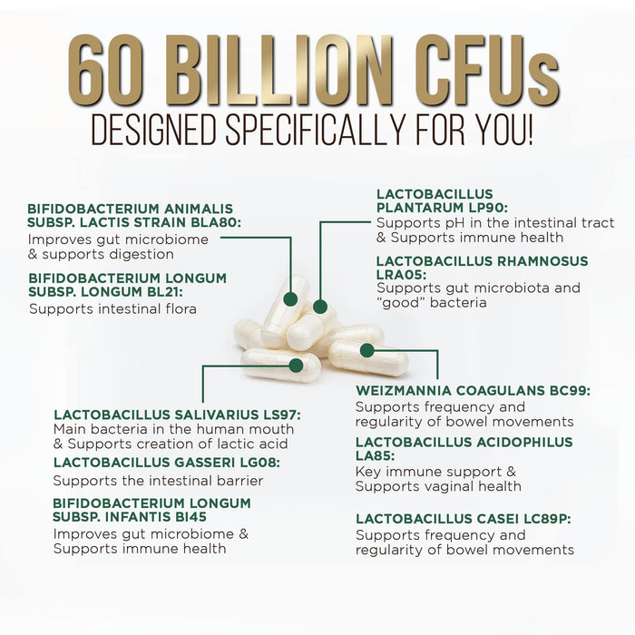 Probiotics 60 Billion CFU + 10 Strains - Daily Probiotic Lactobacillus Blend for Immune, Digestive & Gut Health Support, Prebiotics and Probiotics, Gas & Bloating for Women & Men - 60 Capsules