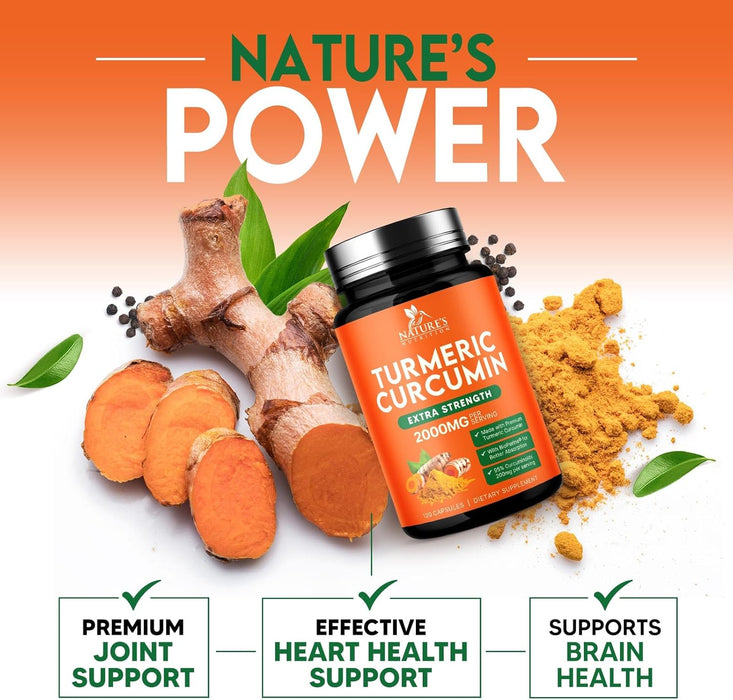 Turmeric Curcumin Supplement 2000mg - Nature's Joint & Immune Support, Organic Tumeric & BioPerine Black Pepper for Best Absorption with 95% Curcuminoids, Non-GMO, Bottled USA - 120 Count