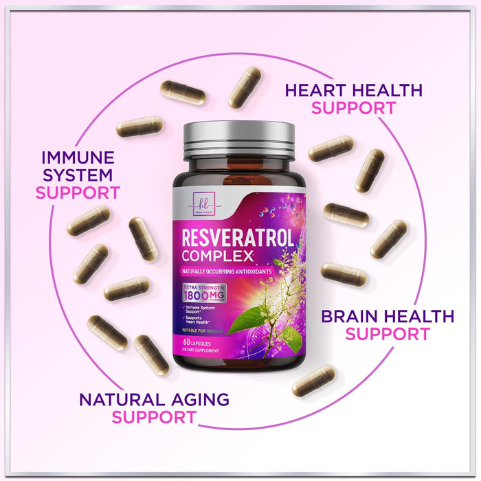 Resveratrol Supplement 1800mg - Extra Strength Antioxidant Complex for Healthy Aging & Immune Support, Heart Health & Cellular Energy Support, Bioavailable Trans-Resveratrol - 60 Vegan Capsules