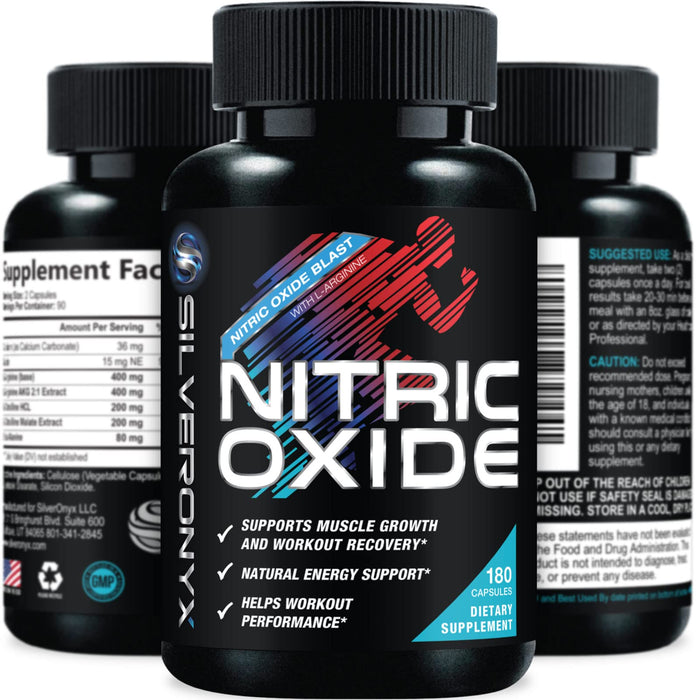 Extra Strength Nitric Oxide Supplement 3X Strength L Arginine, Citrulline Malate, AAKG, Beta Alanine - Premium Muscle Supporting Nitric Booster - Natural Energy & Heart Health Support - 180 Capsules