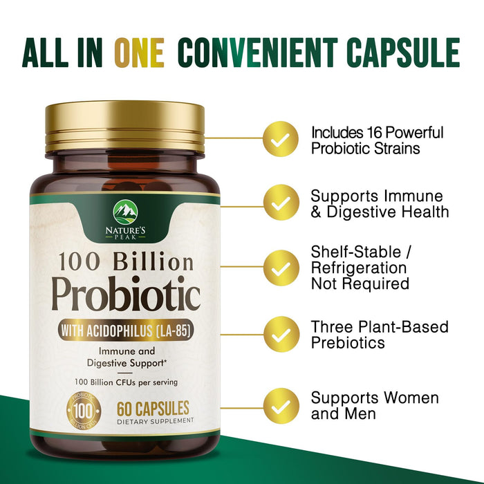 Probiotics for Women's Digestive Health - 100 Billion CFU, 16 Strains with Prebiotics, Supports Immune, Gut Health, PH, Gas & Bloating, Best Probiotic for Women & Men, Shelf Stable - 60 Capsules