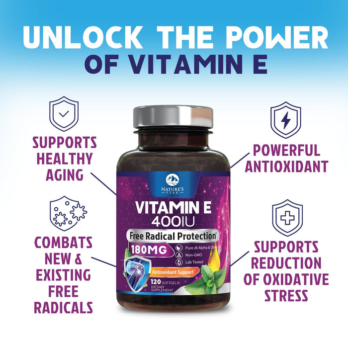 E Vitamin for Women and Men - 180 mg (400 IU) dl-Alpha - Effective Antioxidant Dietary Supplement - Hair, Skin, & Immune Health Support - Easily Absorbed Form, Non-GMO & Gluten Free - 120 Softgels