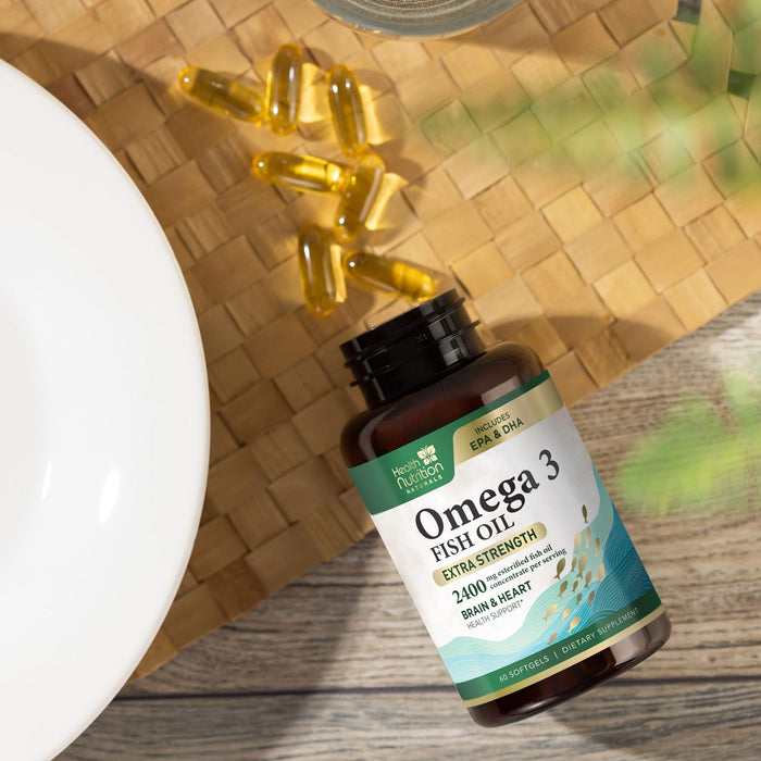 Omega 3 Fish Oil Triple Strength 1200 mg, Omega-3 Supplements, Natural Brain Heart Health & Immune Support - Fatty Acids with EPA & DHA - Wild Caught Purified Fish Oil Supplement - 60 Softgels