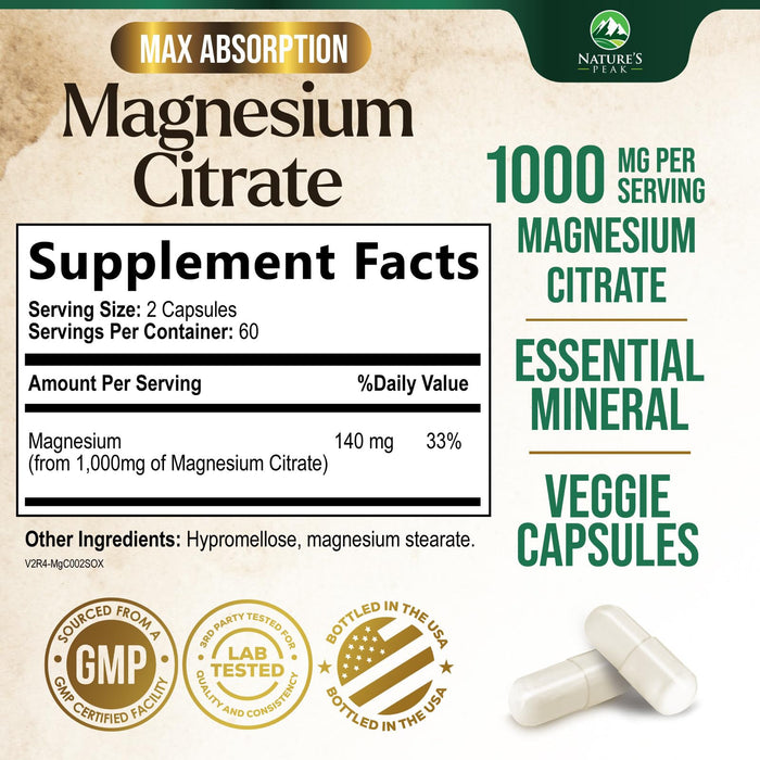 Magnesium Citrate 1000mg - High Absorption Magnesium Supplement Supports Muscle, Bone, Nerve & Heart Health - Extra Strength Magnesio Complex Pills - Non-GMO, Premium Energy Formula - 120 Capsules