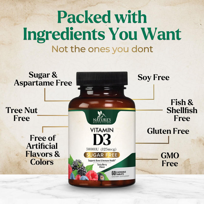 Vitamin D3 5000 IU (125 mcg) Nature's Extra Strength Vitamin D Supplement Chewable for Immune Support Health - Bone, Teeth and Muscle Supplements - Sugar Free, Non-GMO, Gluten Free - 60 Count Tablets