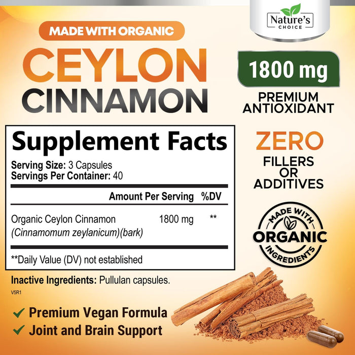Ceylon Cinnamon Capsules 1800mg - Certified Organic Cinnamon, Bottled in USA, & Pure Extra Strength Ceylon Cinnamon Supplement, Antioxidant Pills, Non-GMO & Gluten Free, Sugar Free - 120 Capsules