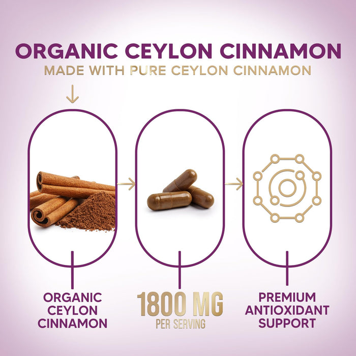 Ceylon Cinnamon Capsules 1800mg - Certified Organic Cinnamon, Bottled in USA, & Pure Extra Strength Ceylon Cinnamon Supplement, Antioxidant Pills, Non-GMO & Gluten Free, Sugar Free - 120 Capsules