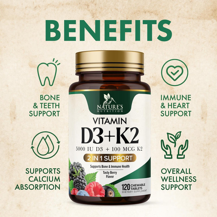Vitamin D3 K2 Supplement | 5000 IU D3 + K2 100 mcg | MK-7 K2 with Vitamin D | Supports Immune, Heart, Teeth & Bone Health - Nature's Easy to Chew, VIT D3 K2, Non-GMO, Tasty Berry Flavor - 120 Tablets