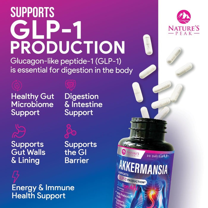 Akkermansia Probiotic Supplement - 2 Billion AFU GLP-1 Supplement with Prebiotic Fiber - Akkermansia Muciniphila GLP-1 Probiotics for Women & Men - Digestive, Gut & Immune Support - 60 Capsules