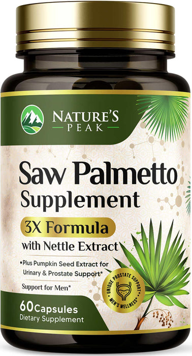 Saw Palmetto for Men Prostate Supplement - Potent 3X Formula with Stinging Nettle + Pumpkin Seed Extract for Men's Health, Herbal Prostate Supplement for Urinary Support, Bottled in USA, 60 Capsules