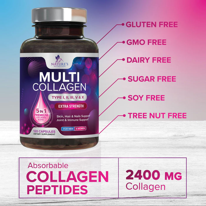 Multi Collagen Peptides Supplement - Hydrolyzed Types I, II, III, V & X Multi Collagen Pills, Hydrolyzed Collagen Peptides Supplements, Hair, Skin, Nail, and Joint Support Supplement, 120 Capsules