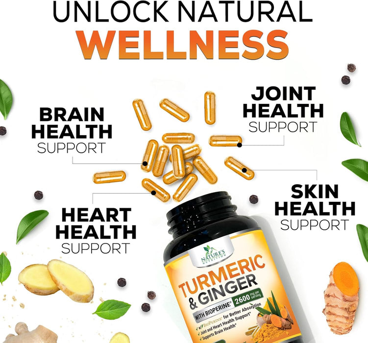 Turmeric Curcumin Supplement 2600mg with Organic Ginger & Turmeric, BioPerine Black Pepper Extract 95% Curcuminoids - Advanced Absorption Joint & Antioxidant Extra Strength Support - 120 Capsules