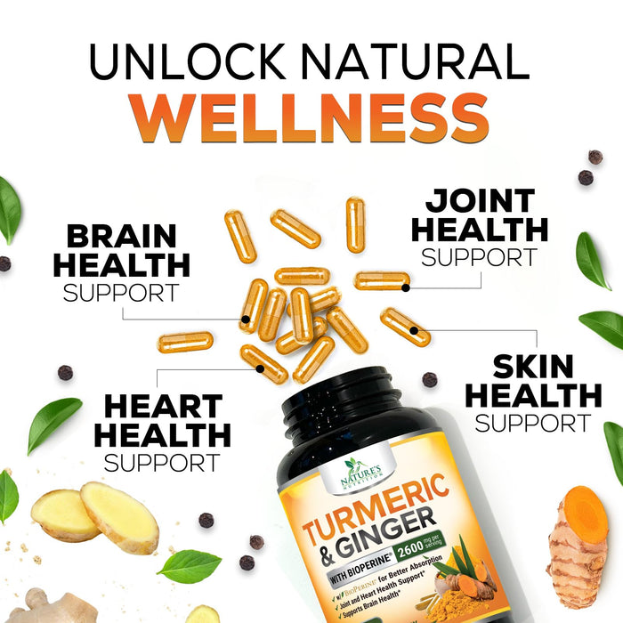 Turmeric Curcumin Supplement 2600mg with Organic Ginger & Turmeric, BioPerine Black Pepper Extract 95% Curcuminoids - Advanced Absorption Joint & Antioxidant Extra Strength Support - 120 Capsules