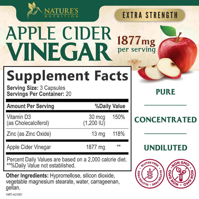 Apple Cider Vinegar Capsules 1877mg - Extra Strength Detox & Cleanse with Vitamin D & Zinc - Premium ACV Pills with Joint Natural Digestion & Immune Support - Vegetarian Supplement - 60 Capsules