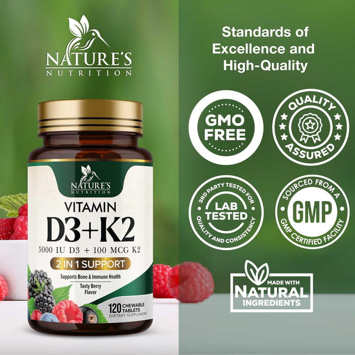 Vitamin D3 K2 Supplement | 5000 IU D3 + K2 100 mcg | MK-7 K2 with Vitamin D | Supports Immune, Heart, Teeth & Bone Health - Nature's Easy to Chew, VIT D3 K2, Non-GMO, Tasty Berry Flavor - 120 Tablets