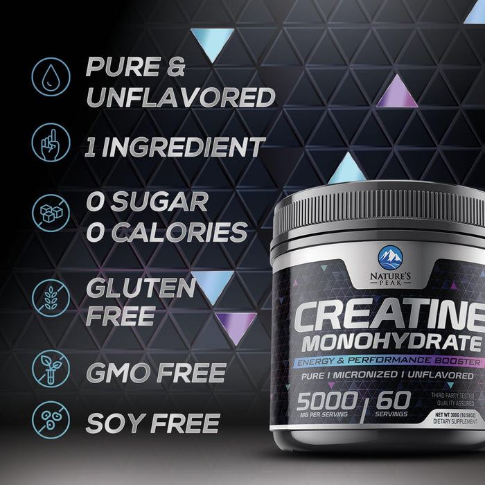 Creatine Powder 5000mg (5g) - Pure Micronized Creatine Monohydrate Supplement Unflavored, Keto Friendly - Creatine Nutritional Supports Muscle Growth & Strength, Vegan, Gluten-Free - 60 Servings