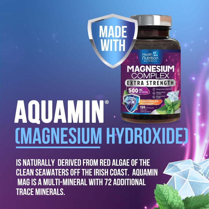 Magnesium Complex Capsules 500 mg with Oxide, Glycinate, Malate, Citrate - High Absorption Complex Chelated Magnesium Mineral Supplements - for Muscle, Bone and Heart Health Support - 120 Capsules