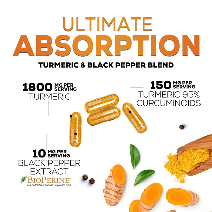 Turmeric Curcumin Supplement 1950mg - 95% Curcuminoids with Organic Turmeric & BioPerine Black Pepper Extract for Best Absorption, Nature's Vegan Joint Support, Non-GMO, Bottled in USA - 120 Capsules