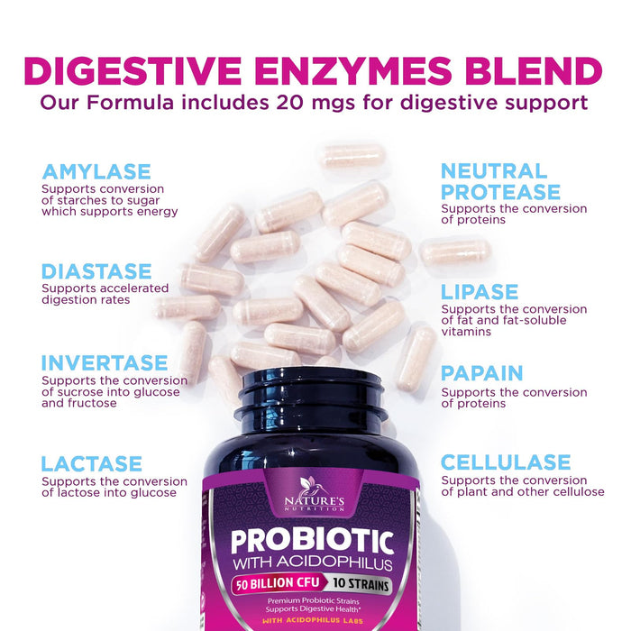 Probiotics 50 Billion CFU per Serving - 10 Strains + Prebiotics - Digestive Health, Gut & Immune Support - Supports Occasional Constipation, Gas & Bloating for Women & Men Shelf Stable - 120 Capsules
