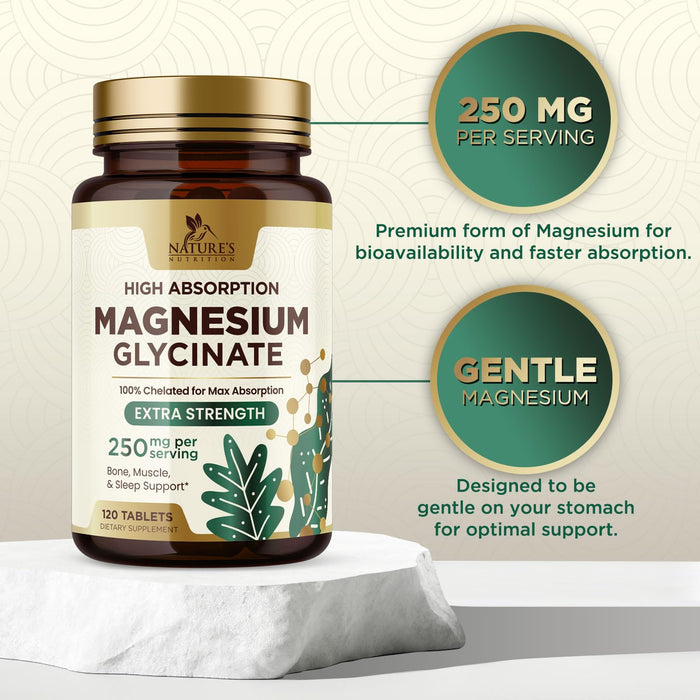 Magnesium (Glycinate) - Magnesium Supplement for Heart Health, Nerve, Muscle, Bone, and Sleep Support - 100% Chelated & High Absorption - 250 mg per Serving - Gluten Free, Vegan, Non-GMO - 120 Count