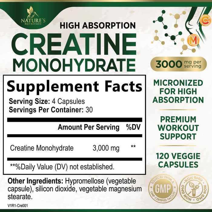 Creatine Monohydrate Capsules 3000mg – Best Micronized Creatine Powder - Supports Lean Muscle, Strength, Energy, & Endurance - Nature's Supplement, Non-GMO, Gluten Free for Women & Men - 120 Capsules