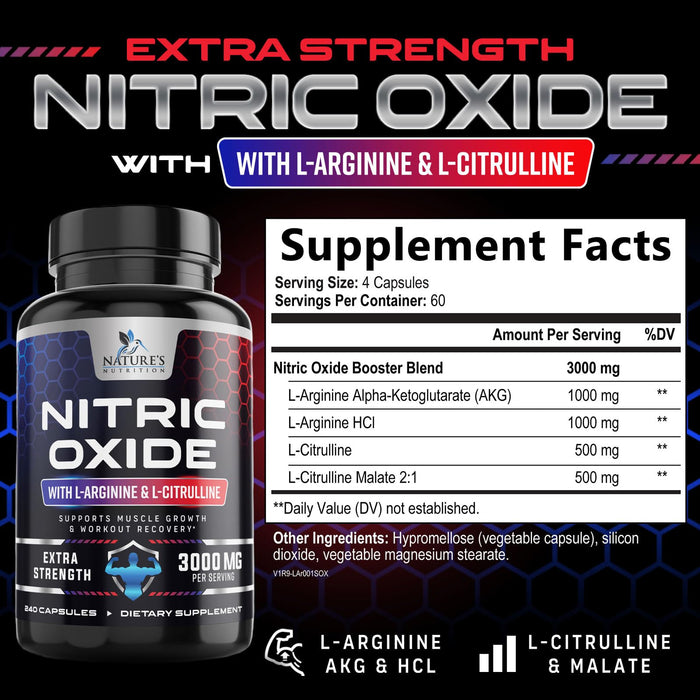 Nitric Oxide Formula with L-Arginine + Citrulline – 3000mg – 240 Capsules