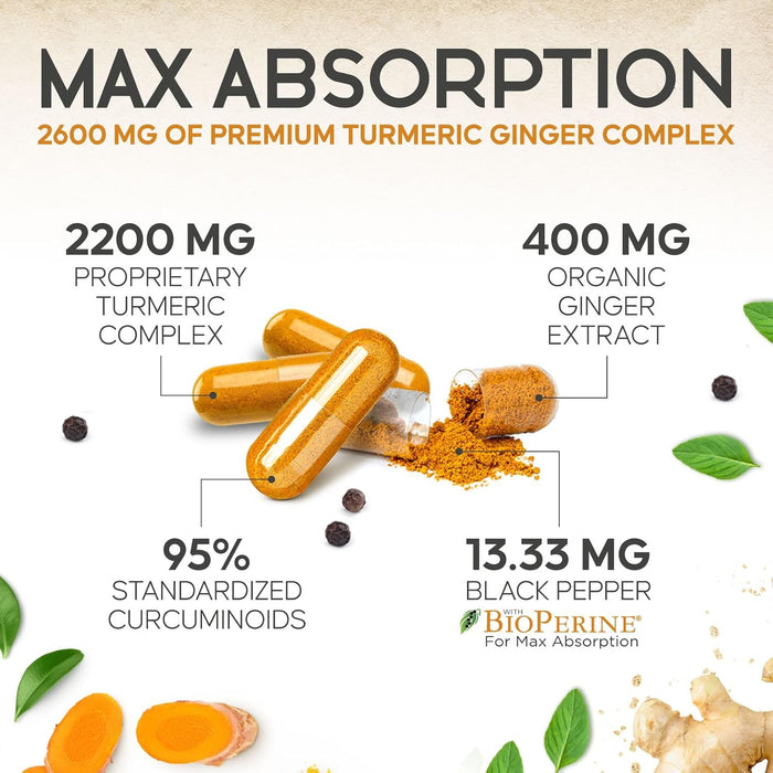 Turmeric Curcumin Supplement 2600mg - with Organic Ginger & Turmeric, 95% Curcuminoids, BioPerine Black Pepper for Best Absorption, Nature's Vegan Joint Support, Non-GMO, Bottled in USA - 120 Capsules