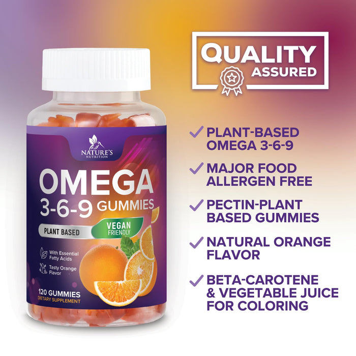 Omega 3 6 9 Vegan Gummies - Triple Strength Omega 3 Supplement Gummy - Essential Oil 369 Heart Support and Brain Support for Women, Men & Pregnant Women, Non-GMO, Orange Flavor - 120 Gummies