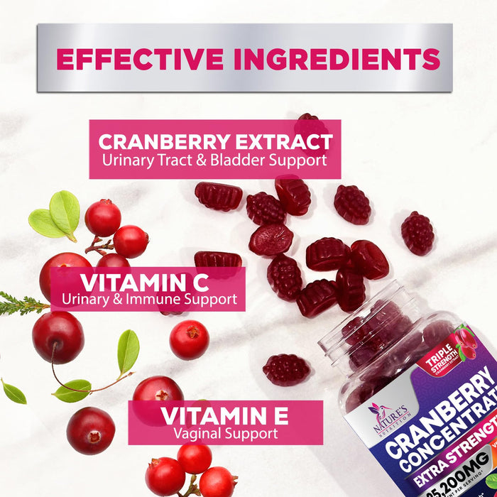 Cranberry Gummies 50:1 Cranberry Extract - Urinary Tract Support Made with 25,000mg, Helps Cleanse & Protect, Cran Berry Gummy Supplement + Vitamin C, Chewable Cran Pills for Women - 60 Gummies