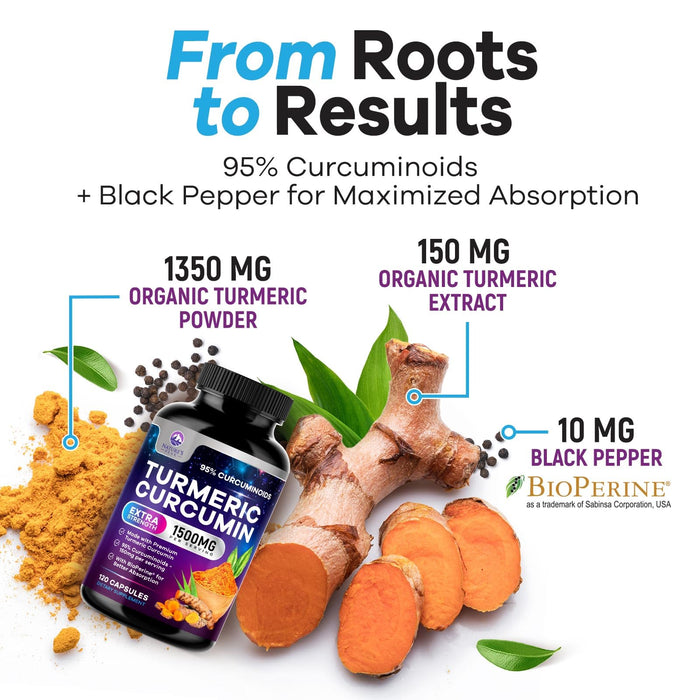 Turmeric Curcumin Supplement with BioPerine 95% Curcuminoids 1500mg with Black Pepper for Best Absorption - Best Natural Vegan Joint Support - Bottled in USA, Non-GMO, Organic Tumeric - 120 Capsules