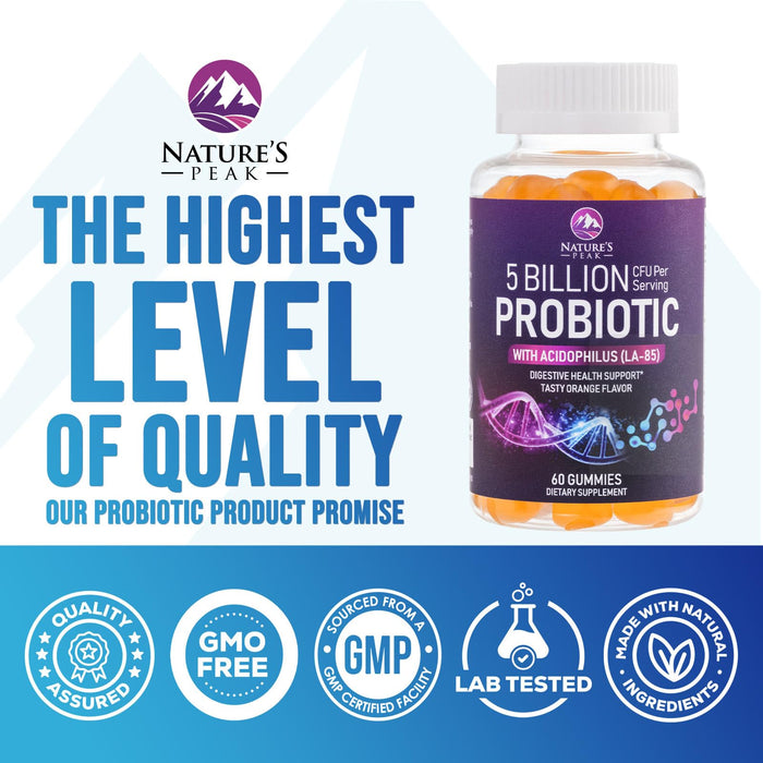Probiotic Gummies for Women, Men & Teens - 5 Billion CFUs, 6 Pro Biotic Strains - Daily Probiotic Gummy Supplement for Natural Digestive Health, “Good” Gut & Immune Support, Orange Flavor - 60 Count