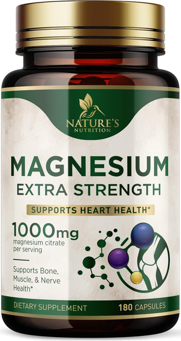 Magnesium Supplement (Citrate Oxide) 1000mg for Best Absorption, Supports Bone, Heart Health, Nerves, Muscles & Metabolism, Nature's Pure Magnesio Vitamin Pills, Bottled in USA, 180 Capsules