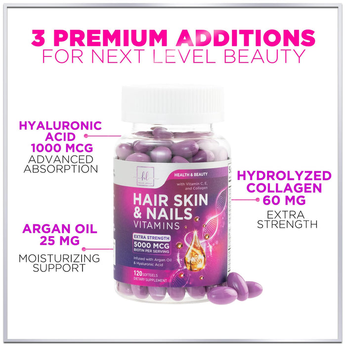 Hair, Skin & Nails Vitamins for Women - Biotin 5000mcg to Support Hair Growth with Argan Oil, Collagen & Hyaluronic Acid, Beautiful, Stronger Skin, Hair & Nails Vitamin Supplement - 120 Softgels