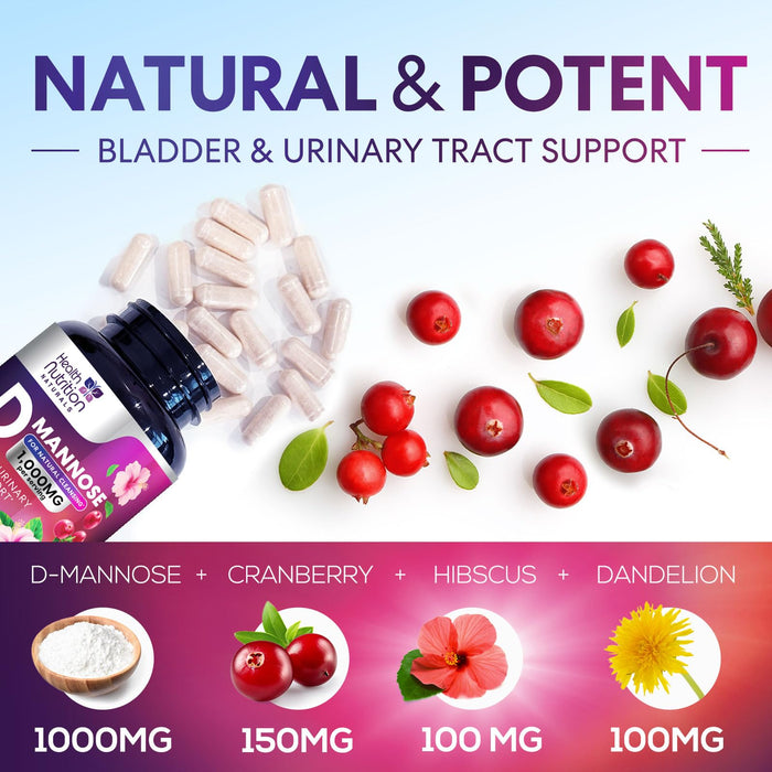 D-Mannose Supplement 1,350mg with Cranberry, Hibiscus & Dandelion - Fast-Acting, Natural Bladder & Urinary Tract Support for Women & Men – Flush & Cleanse Impurities – Non-GMO, Vegan – 120 Capsules